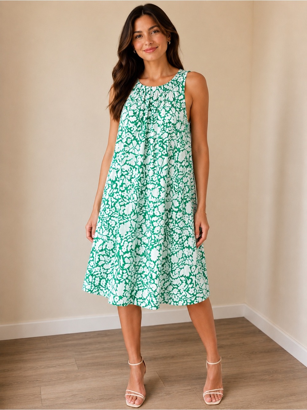 LOFT Green & White Floral Sleeveless Midi Dress